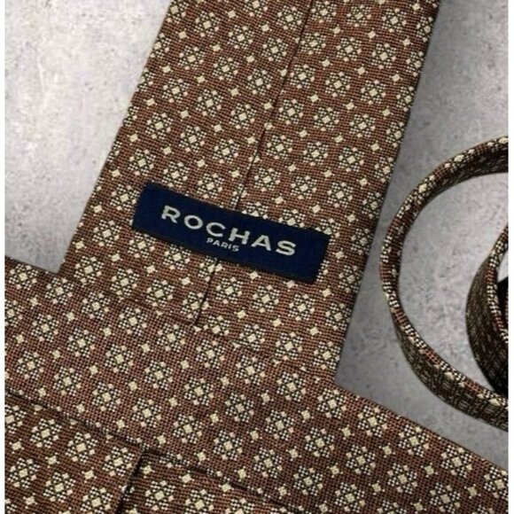 ROCHAS Silk Tie ITALY Brown Beige Geometric W:3.7" EUC - Picture 2 of 5